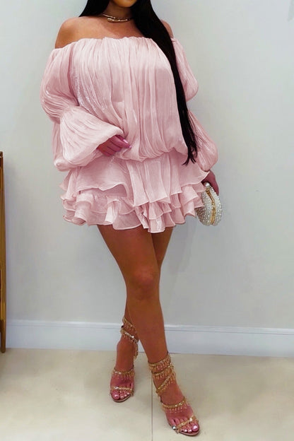 Plisse Off-Shoulder Tiered Mini Dress