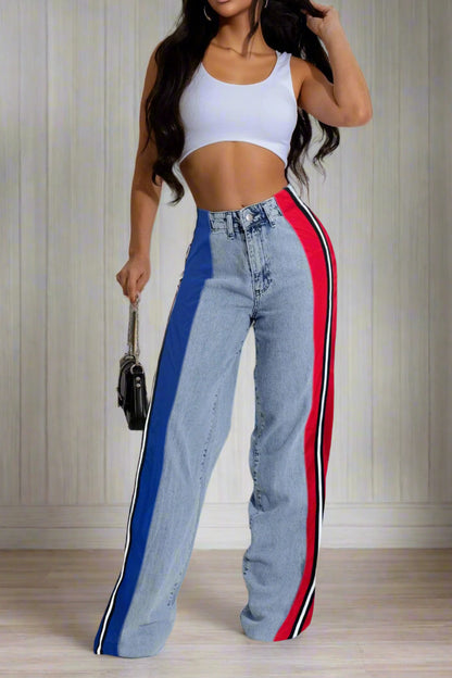 Wide Jeans with Wide Contrast Side Lines-Light Blue