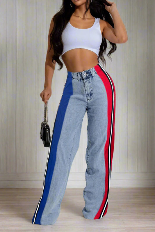 Wide Jeans with Wide Contrast Side Lines-Light Blue