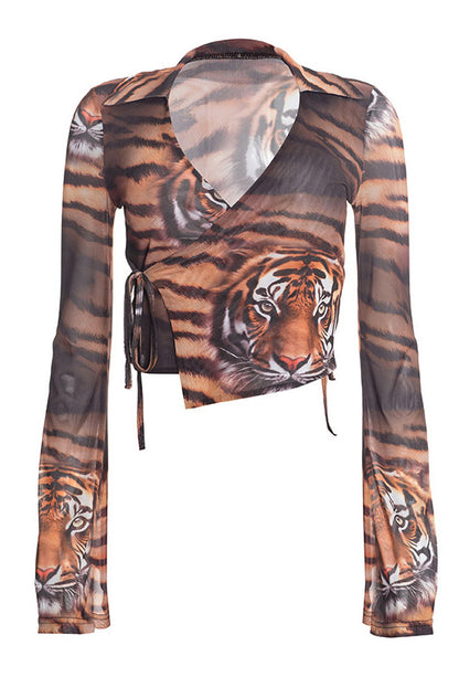 Tiger-Print Tie-Front Mesh Shirt