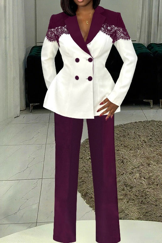 Lace Panel Slim Fit Blazer & Pants Set
