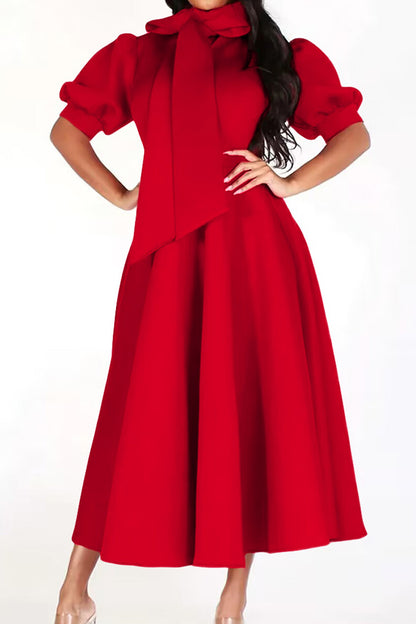 Elegant Tie-Neck Puff Sleeve A-Line Dress