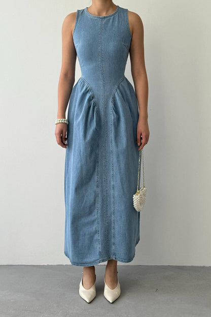 Sleeveless Drop Waist Denim Maxi Dress