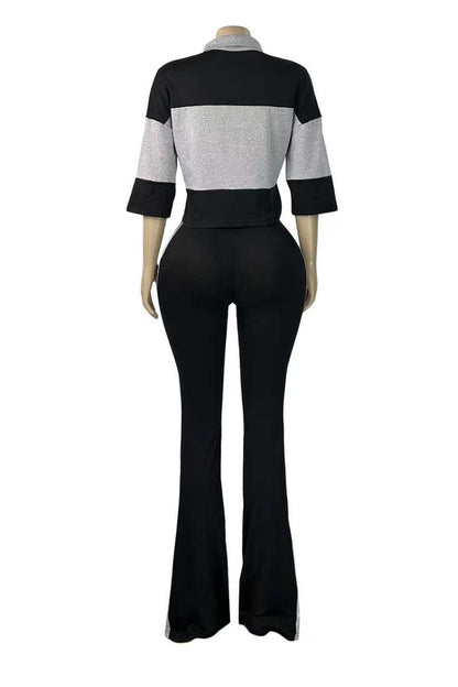 Collared Top & Flare Pants Two-Piece Set
