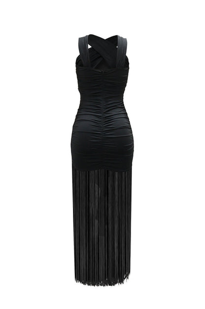 Cross-Front Mesh Illusion Ruched Fringe Maxi Dress
