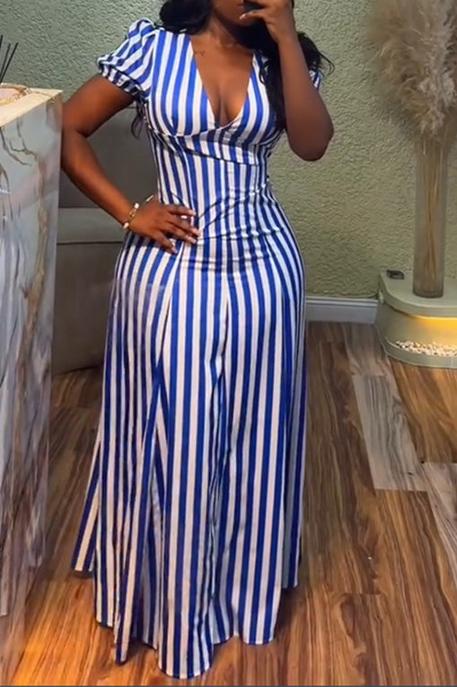 V-Neck Puff Sleeve Striped Maxi Dress