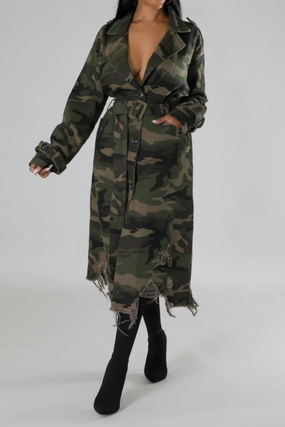 Longline Distressed Camouflage Jacket