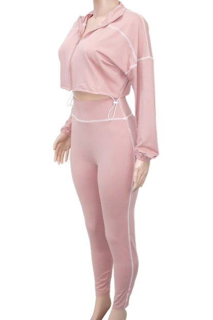 Solid Color Long Sleeve Zip-Up Top & Pants Set