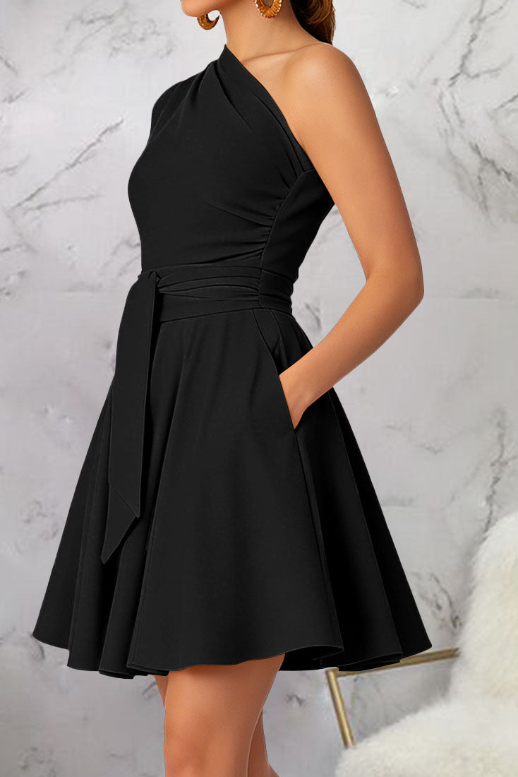 One-Shoulder Tie-Waist Pleated Mini Dress