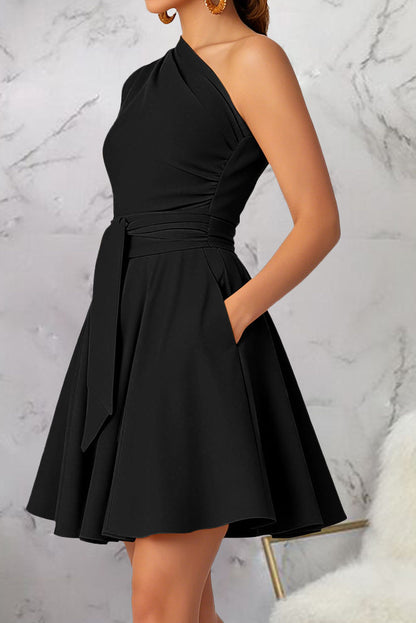 One-Shoulder Tie-Waist Pleated Mini Dress
