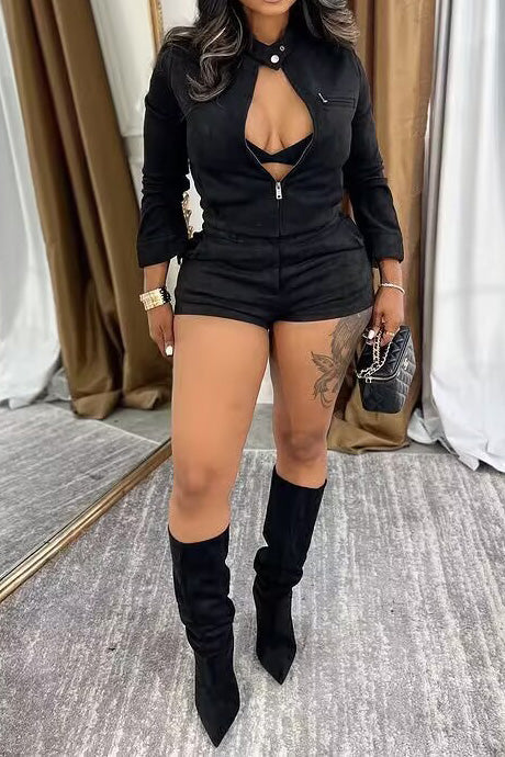 Long Sleeve Stretch Suede Shorts Set