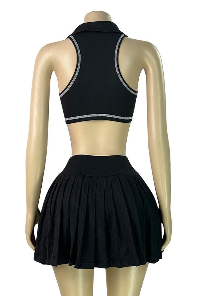 Contrast Stitch Collared Crop Top & Pleated Mini Skirt Set