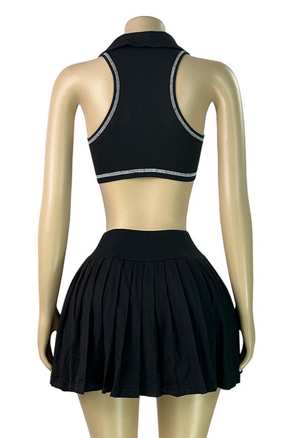 Contrast Stitch Collared Crop Top & Pleated Mini Skirt Set