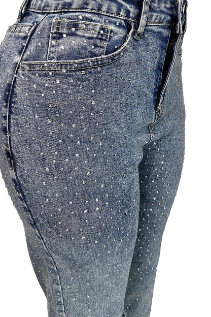 Rhinestone Skinny Raw Hem Jeans
