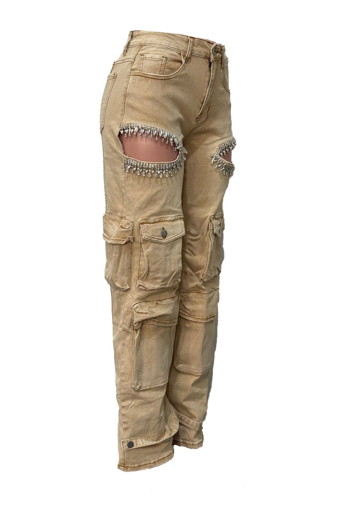 Rhinestone Cutout Wide Leg Cargo Pants