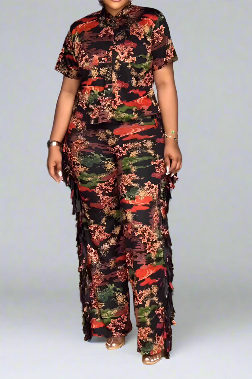 Elegant Printed Lapel Shirt and Pants Set