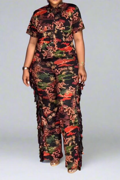 Elegant Printed Lapel Shirt and Pants Set
