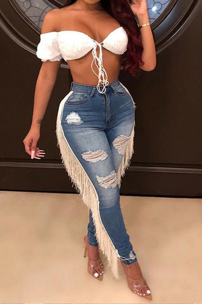 High-Rise Fringe Trim Distressed Skinny Jeans