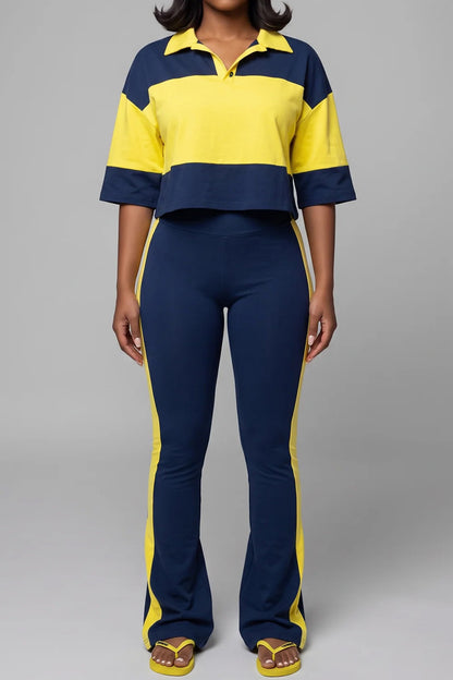 Collared Top & Flare Pants Two-Piece Set