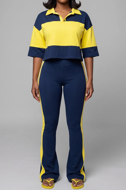 Collared Top & Flare Pants Two-Piece Set