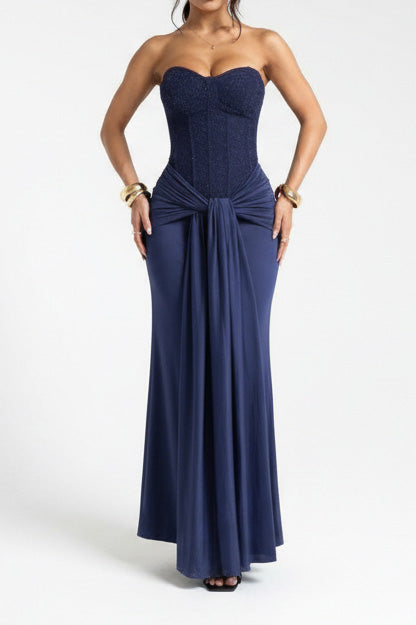 Off Shoulder Lace Up Pleated Maxi Dress