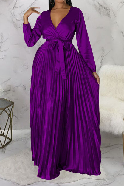 Faux Silk Pleated Tie-Waist Maxi Dress