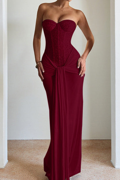 Off Shoulder Lace Up Pleated Maxi Dress