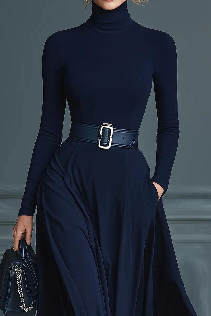 Long Sleeve High Neck Waist Tie Maxi Dress