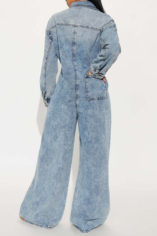 Slim Fit Long Sleeve Washed Denim Jumpsuit