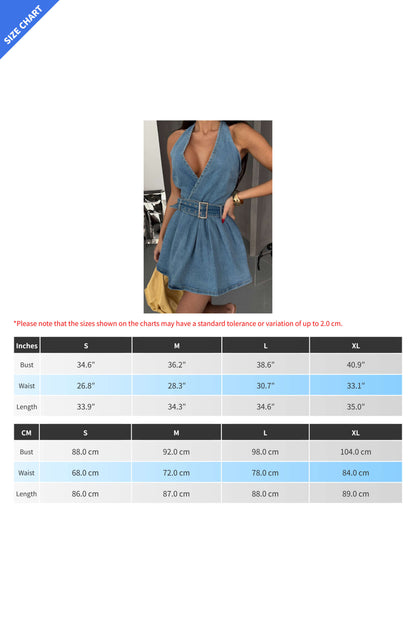 Deep-V Denim Halter Mini Dress