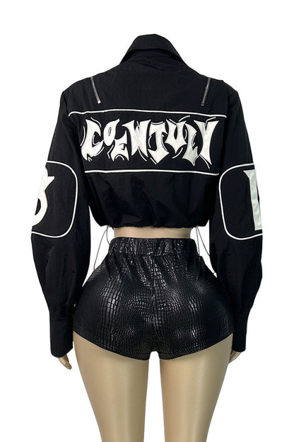 Letter-Embroidered Cropped Drawstring Jacket