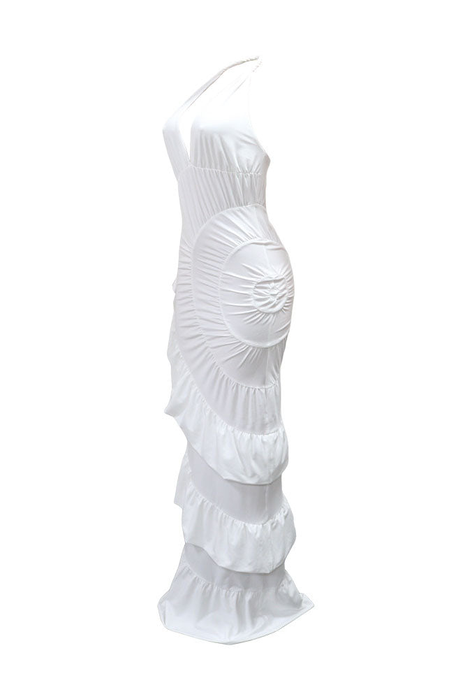 Plunging Halter Ruched Tiered Ruffle Maxi Dress