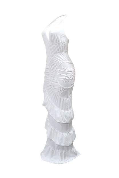 Plunging Halter Ruched Tiered Ruffle Maxi Dress