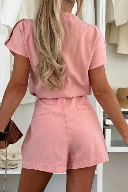 Cap Sleeve Drawstring Denim Utility Romper