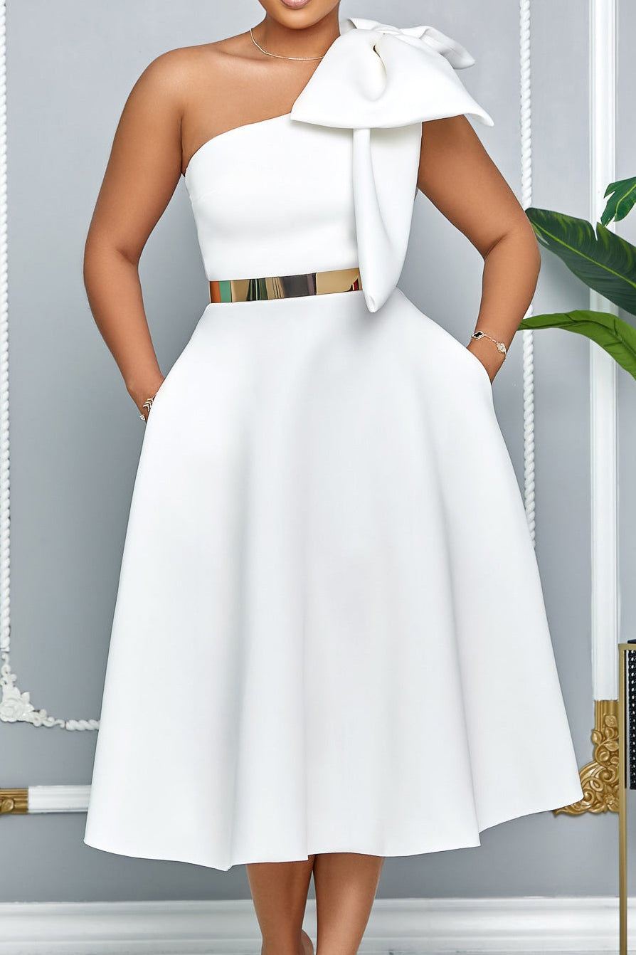 Single Shoulder Bow Detail Flare Midi Dress
