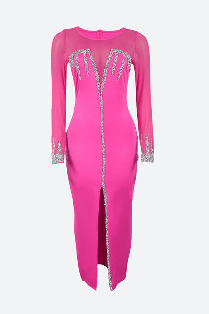 Diamond See-through Stitching Slit Dress
