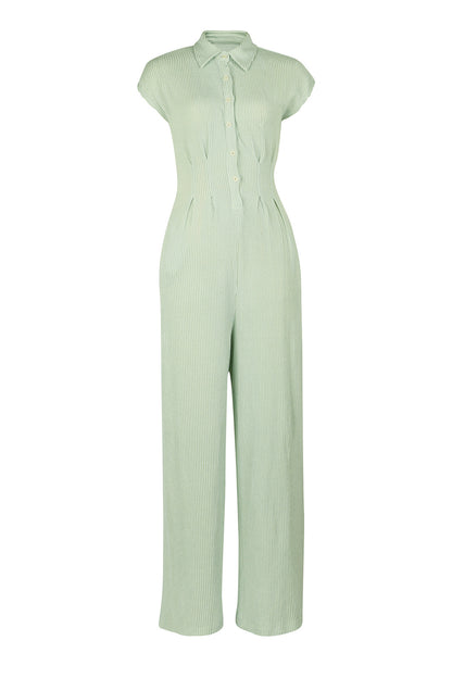 Striped Button-Up Sleeveless Jumpsuit