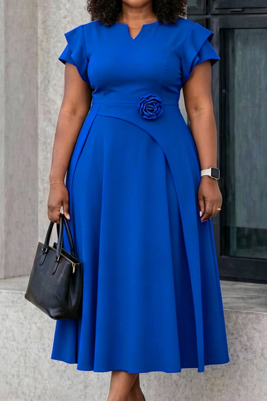 3D Floral Notched Neck A-Line Midi Dress