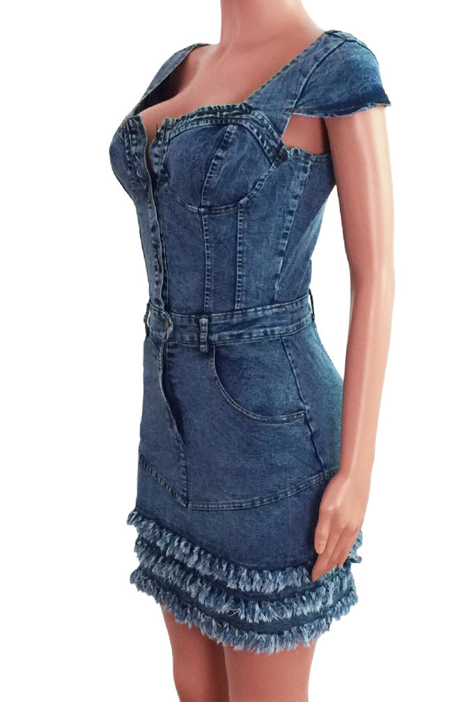 Ruffle Hem Bustier Denim Mini Dress