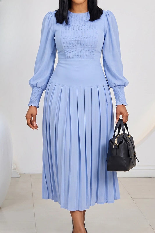 Smocked Puff Sleeve Pleated Midi Dress