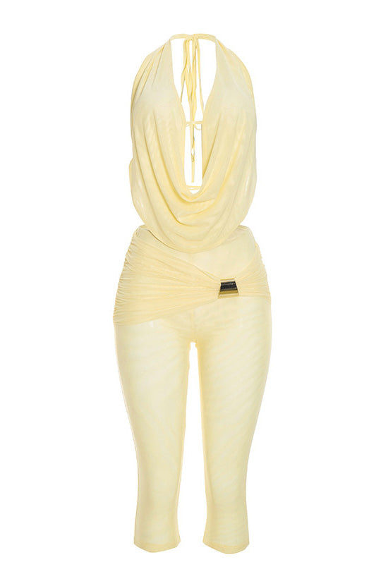 Draped Halter & Sheer Mesh Capri Set