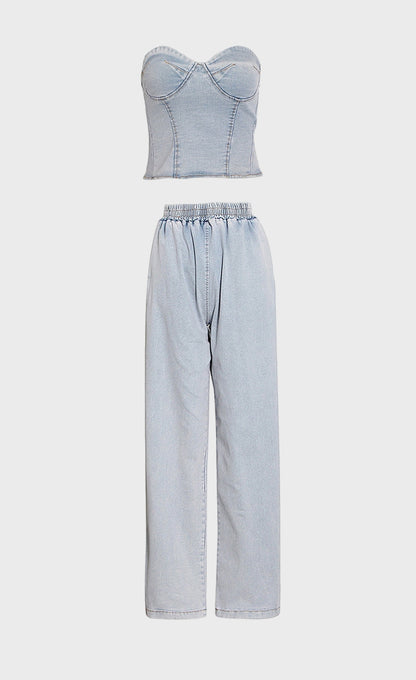 Denim Tube Top Wide Leg Pants Set