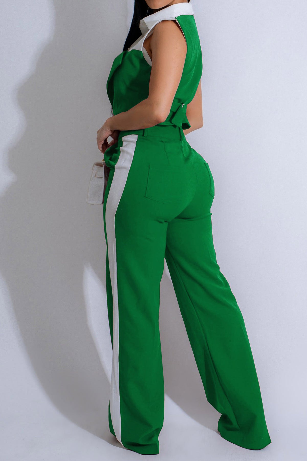 Patchwork Button Tie Back Top And Trousers Set