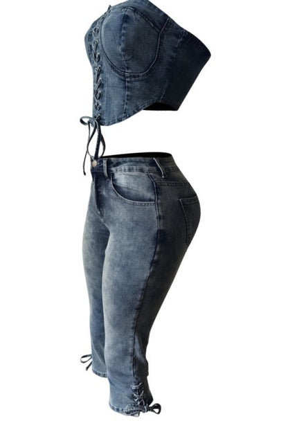 Denim Corset Top Lace-Up & Mid-Thigh Shorts Set