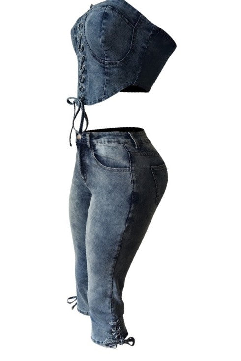 Denim Corset Top Lace-Up & Mid-Thigh Shorts Set