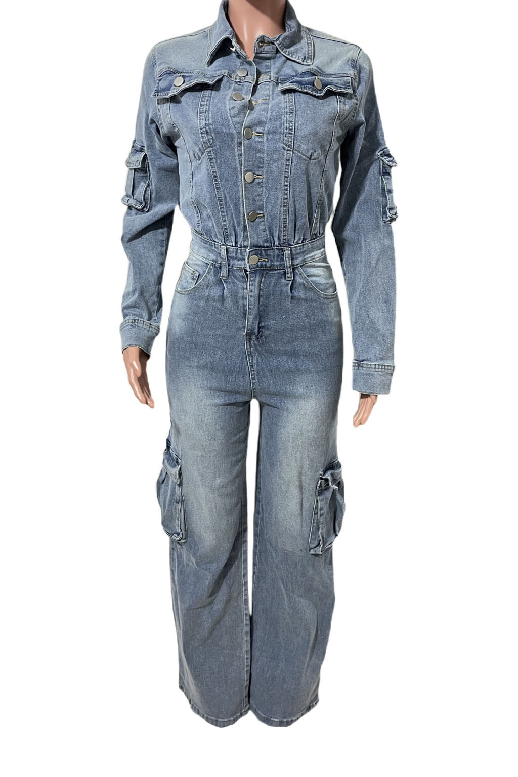 Washed Denim Utility Wide Leg Jumpsuit