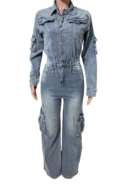 Washed Denim Utility Wide Leg Jumpsuit