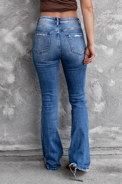 High Waist Distressed Raw Hem Flare Jeans