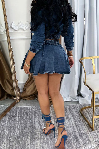 Hooded Denim Jacket & Skirt Set