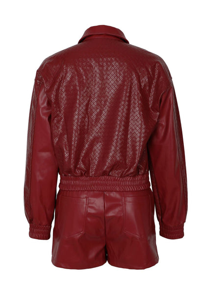 Woven Faux Leather Bomber Shorts Set